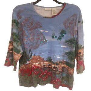 White Stag Womens 3X Blue Print 3/4 Sleeve Top Bling Y2K Grandma